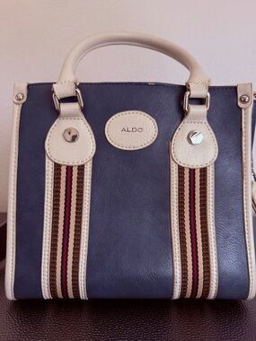 ALDO Navy and Cream Striped-Trim Satchel